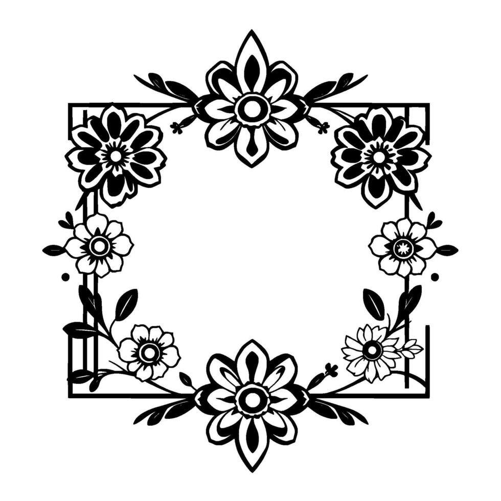 An elegant black and white floral frame with a square geometric border, showcasing stylized flowers and leaves. vector
