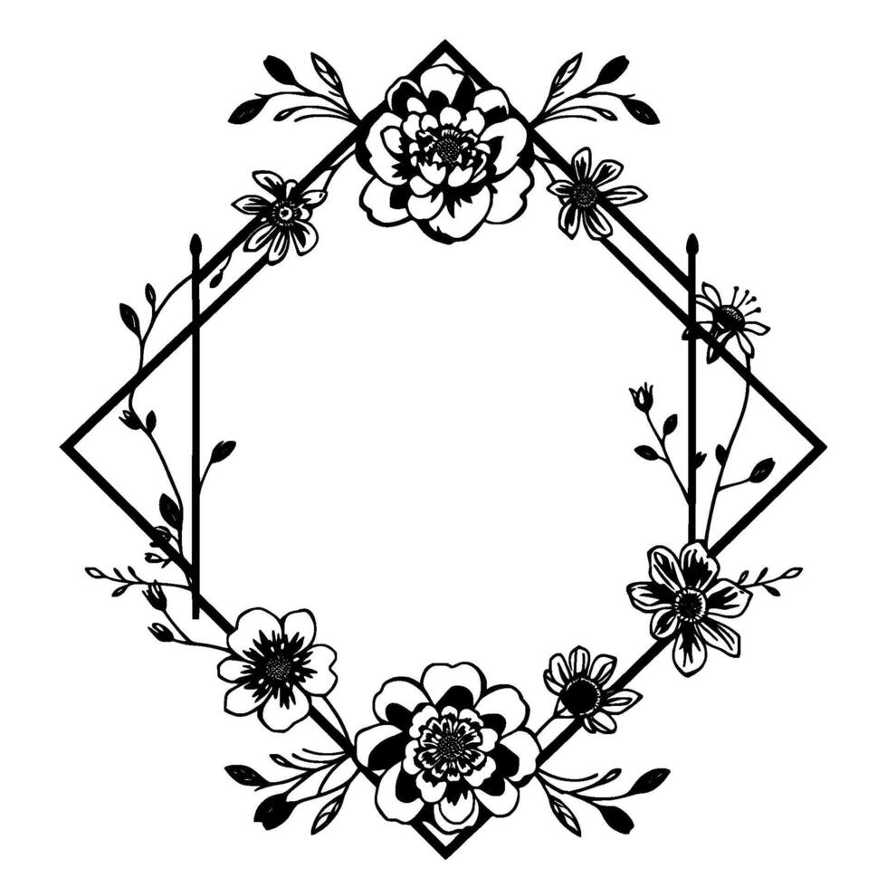 Intricate Black and White Floral Geometric Frame with Delicate Leafy Vines for Elegant Use. vector