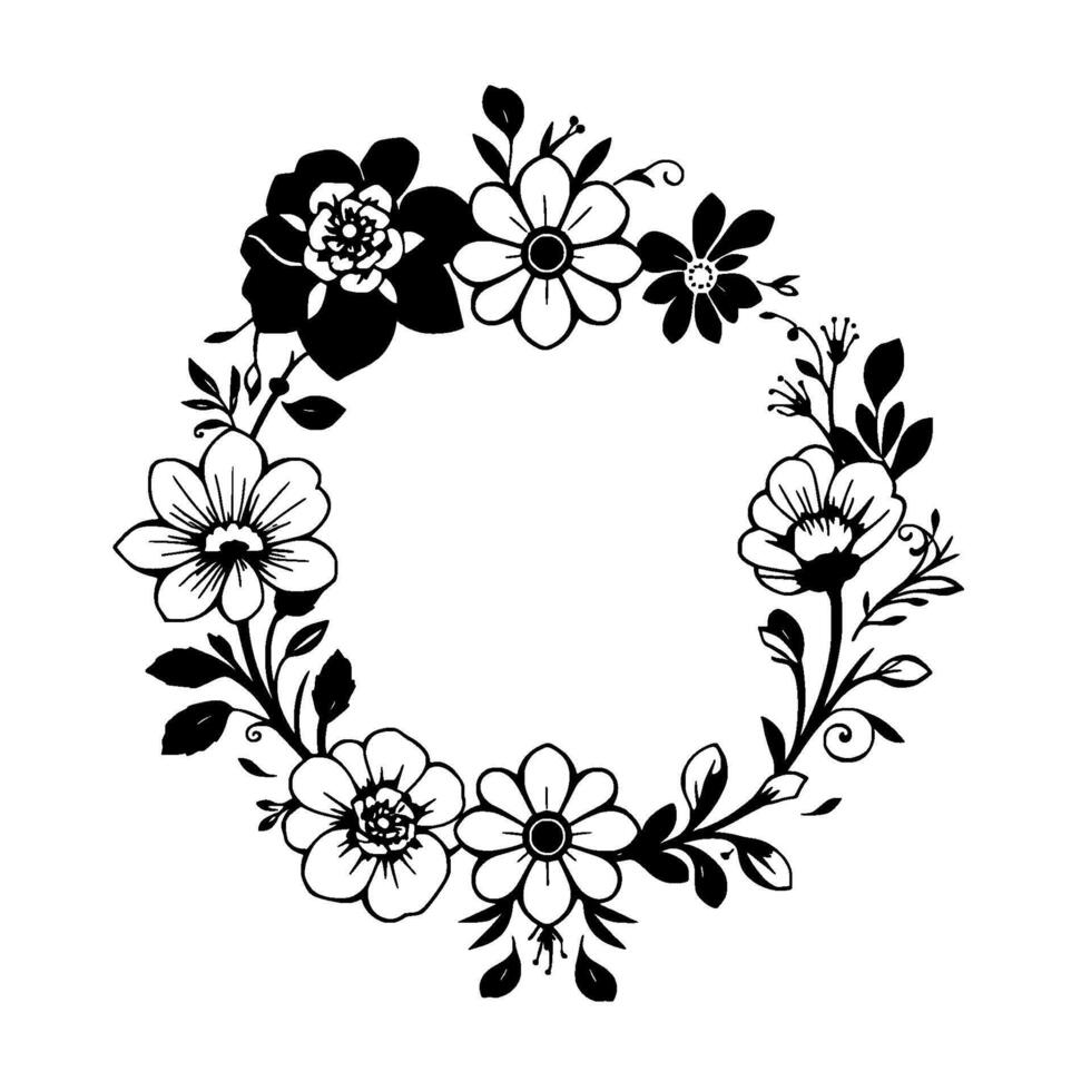 Elegant Black and White Floral Wreath with Detailed Flower and Leaf Arrangements Forming a Circular Frame. vector