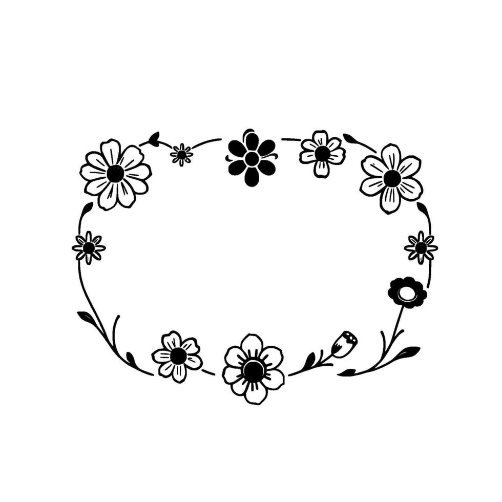 Elegant Black and White Floral Wreath An OvalShaped Botanical Border, Featuring Various Stylized Flower Designs with Leaves on a White Backdrop. vector