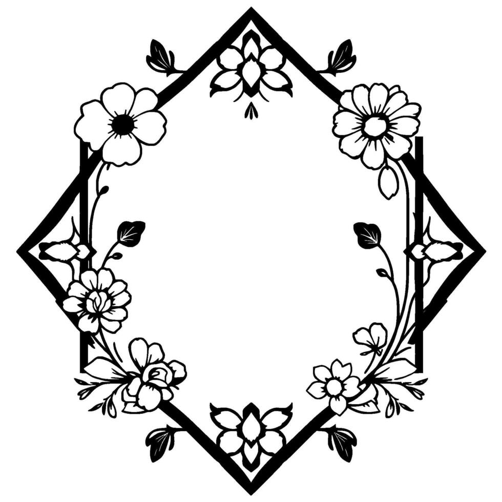 Elegant Black and White Floral Frame Octagonal Geometry, Delicate Line Art, Botanical , Decorative Border, Isolated on White. vector
