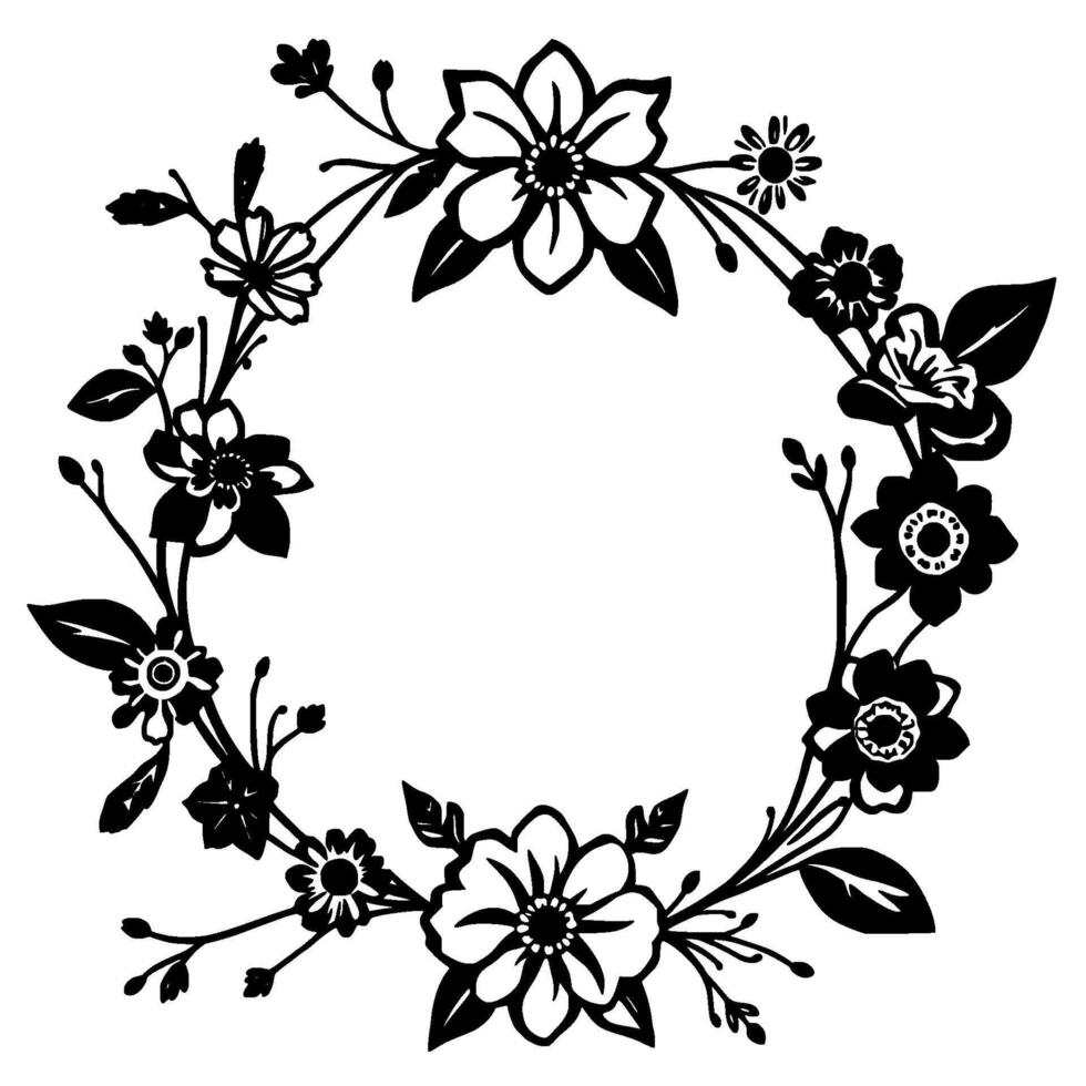 Elegant Black and White Floral Wreath Illustration, Featuring Various Flower Types, Leaves, and a Circular Composition. vector