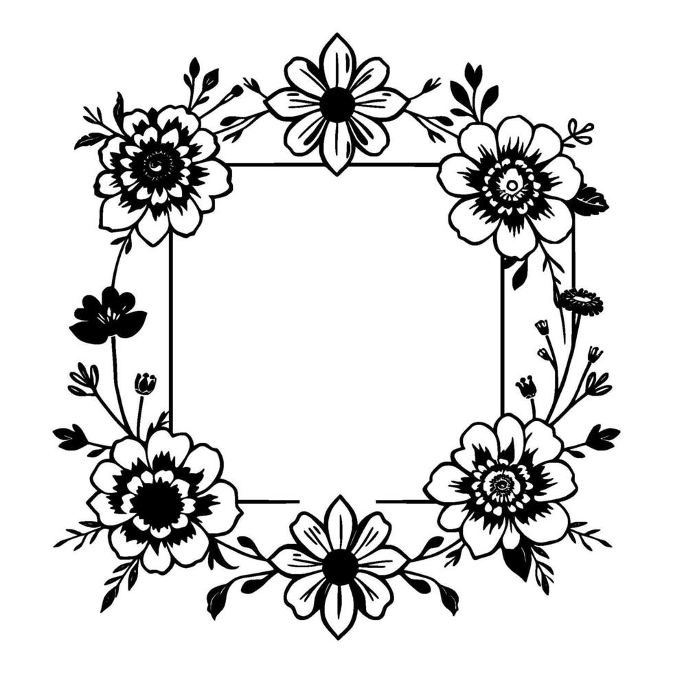 Elegant Black and White Floral Frame with Square Border, Adorned with Detailed Blossoms and Leaves, for Decorative Use. vector