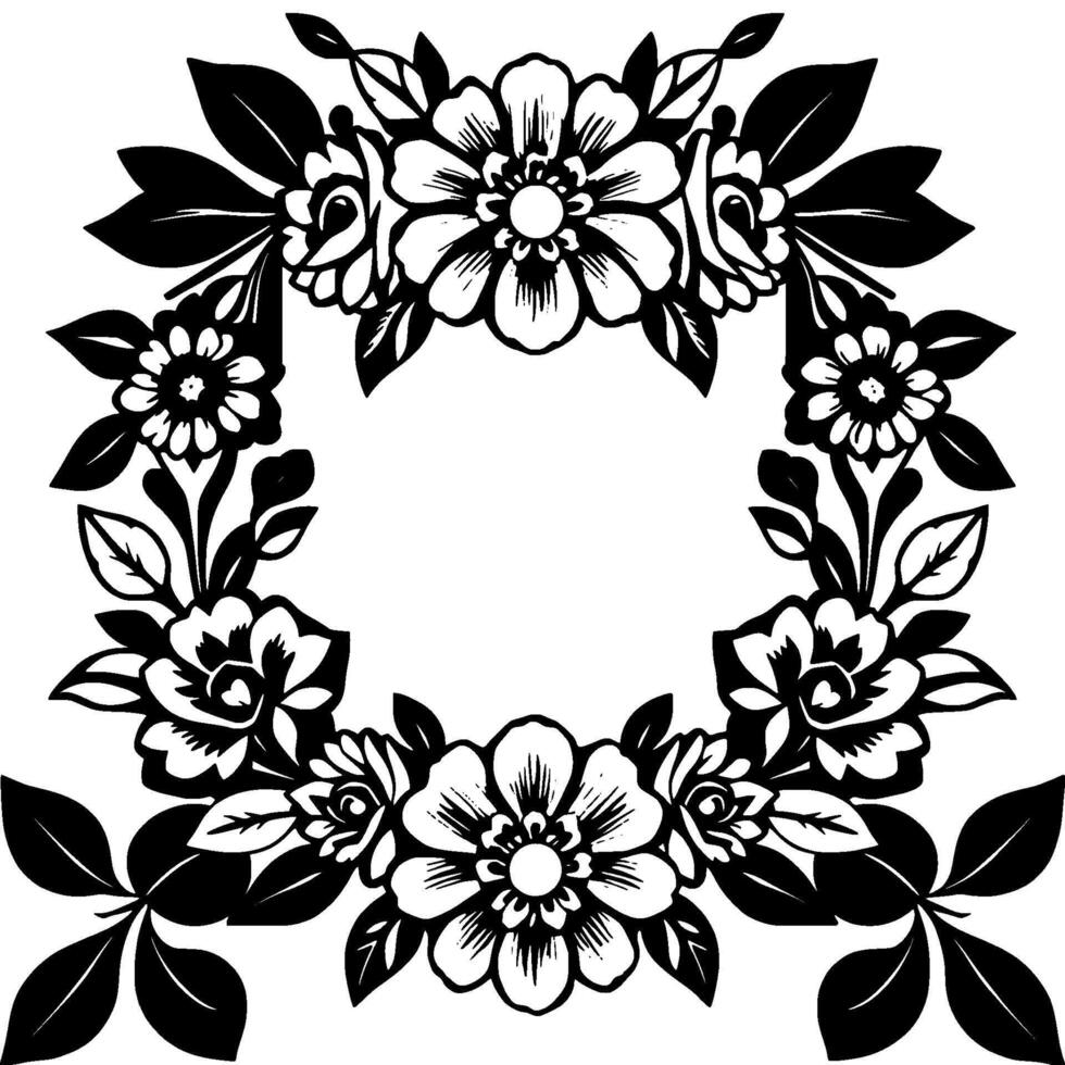 Elegant Black and White Floral Wreath Frame A symmetrical of flowers and leaves, creating a decorative border on a white background. vector