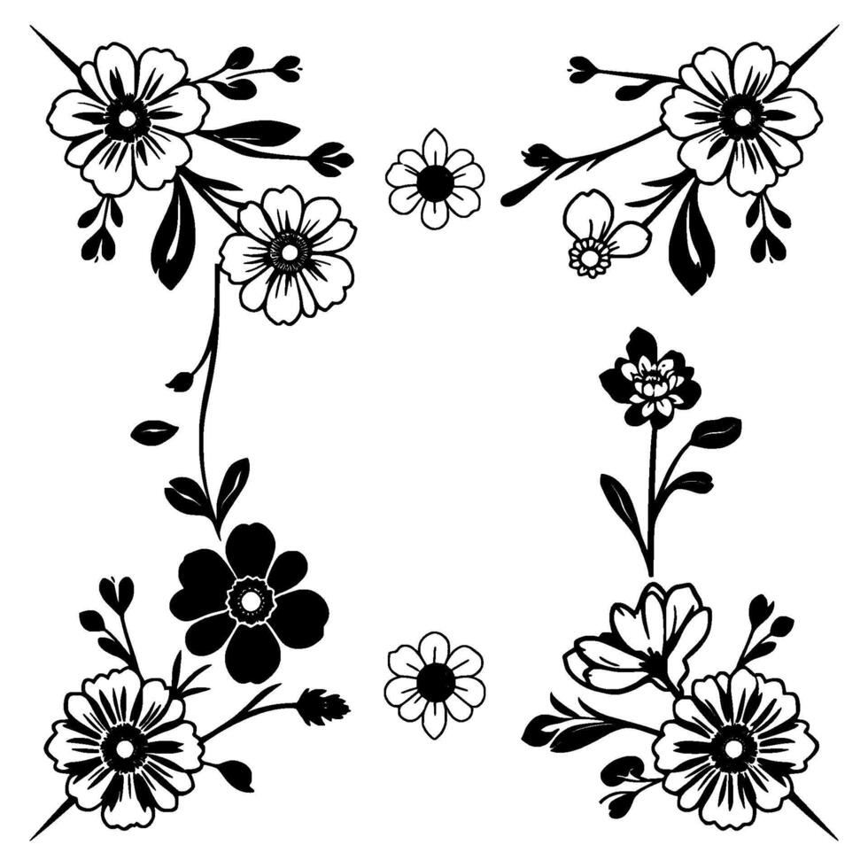 Elegant Black and White Floral Corner , Featuring Detailed Flower Clusters, Leaves, and Decorative Elements on a White Background. vector