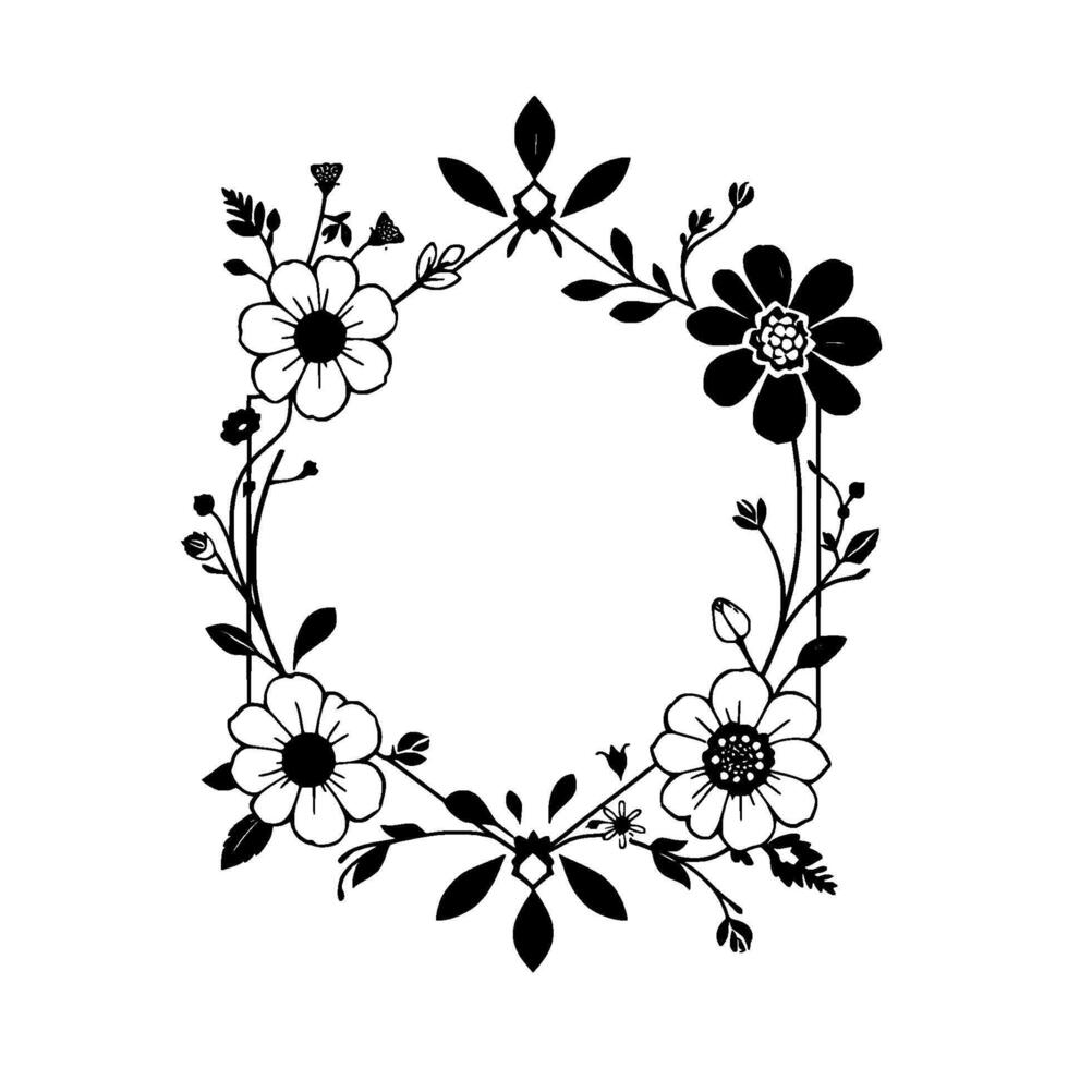 Elegant Black and White Floral Frame with Detailed Petals, Leaves, and Geometric Accent, Minimalist . vector
