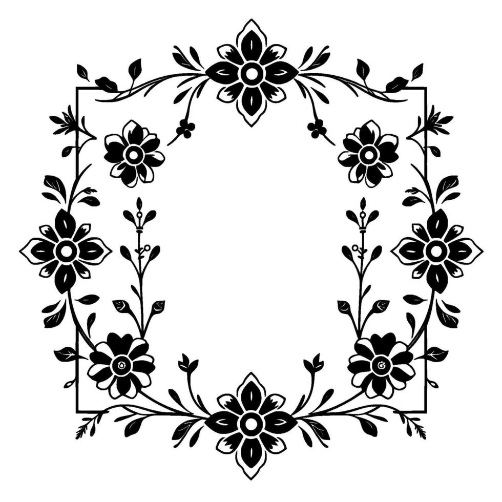 Elegant Black and White Floral Frame with Square Border, Leaves, and Stylized Flower Motifs. vector