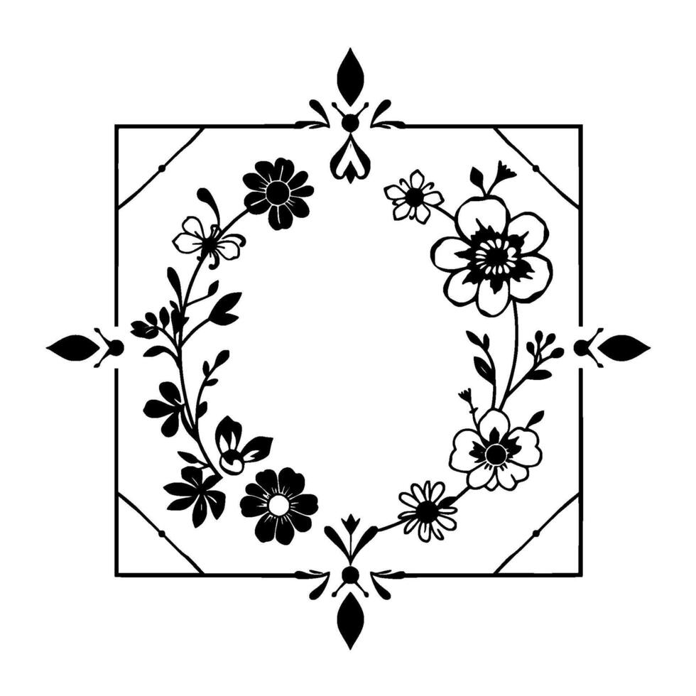 Intricate Black and White Floral Wreath within a Geometric Square Frame, Featuring Detailed Bloom Designs vector