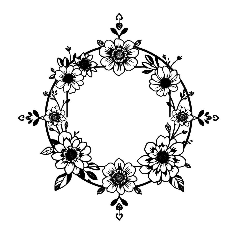 Intricate Black and White Floral Wreath with Daisylike Flowers and Ornate Accents, Circular Composition. vector