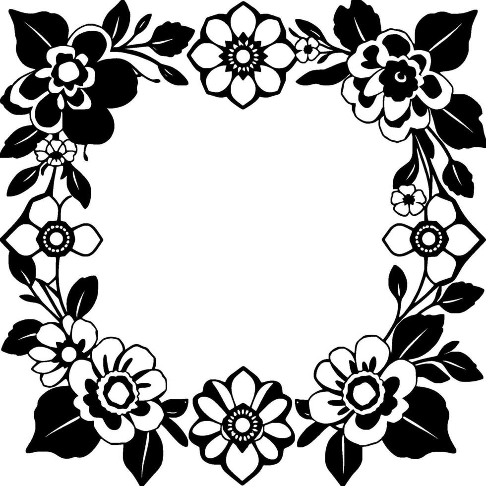 Elegant Black and White Floral Border with Geometric Patterns and Ornate Leaf Elements, Perfect for Framing and Decorative Use. vector