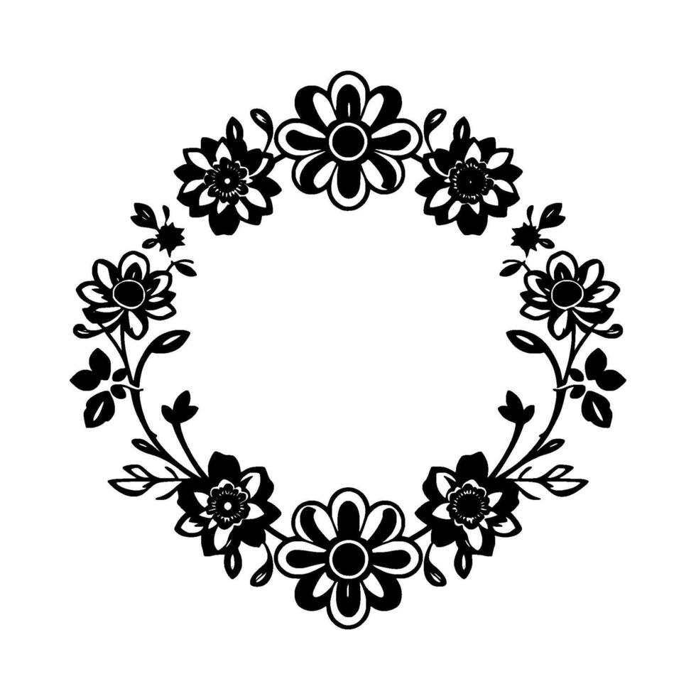 Ornate Black and White Floral Wreath, Featuring Stylized Flowers, Leaves, and Stems, Arranged in a Symmetrical Circular Composition with a Clean Aesthetic. vector
