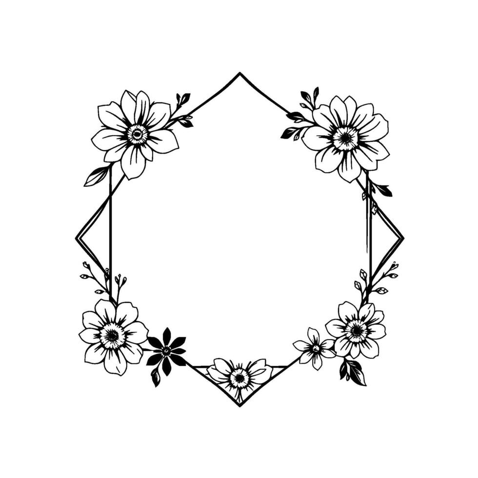 Geometric Floral Frame in Elegant Black and White, Featuring Delicate Blooms and Leafy Sprigs, Perfect for Decorative Accents. vector