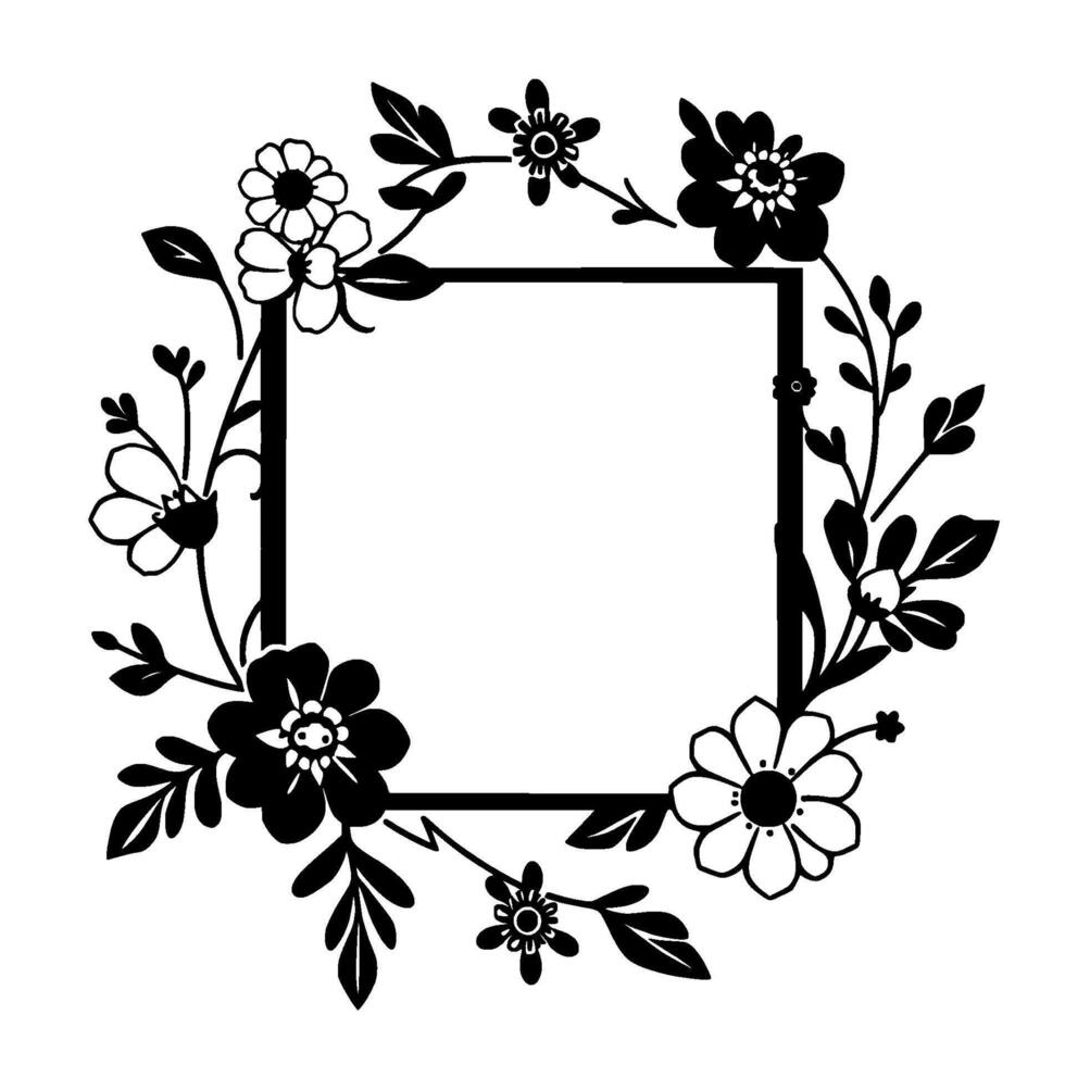 Black and White Floral Square Frame with Ornate Leaves and Blossoms Bordering a Blank Inner Area. vector