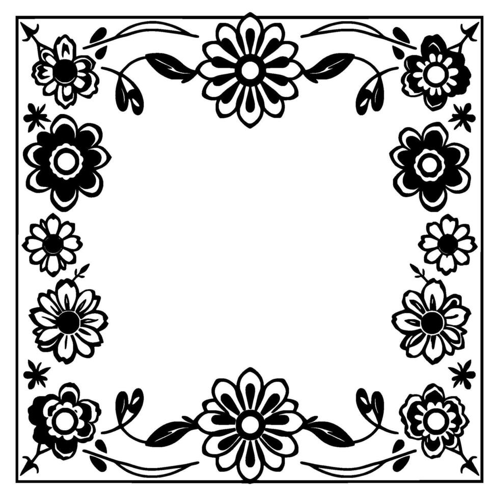 Intricate Black and White Floral Frame with a Square Border, Leaves, and Decorative Details vector
