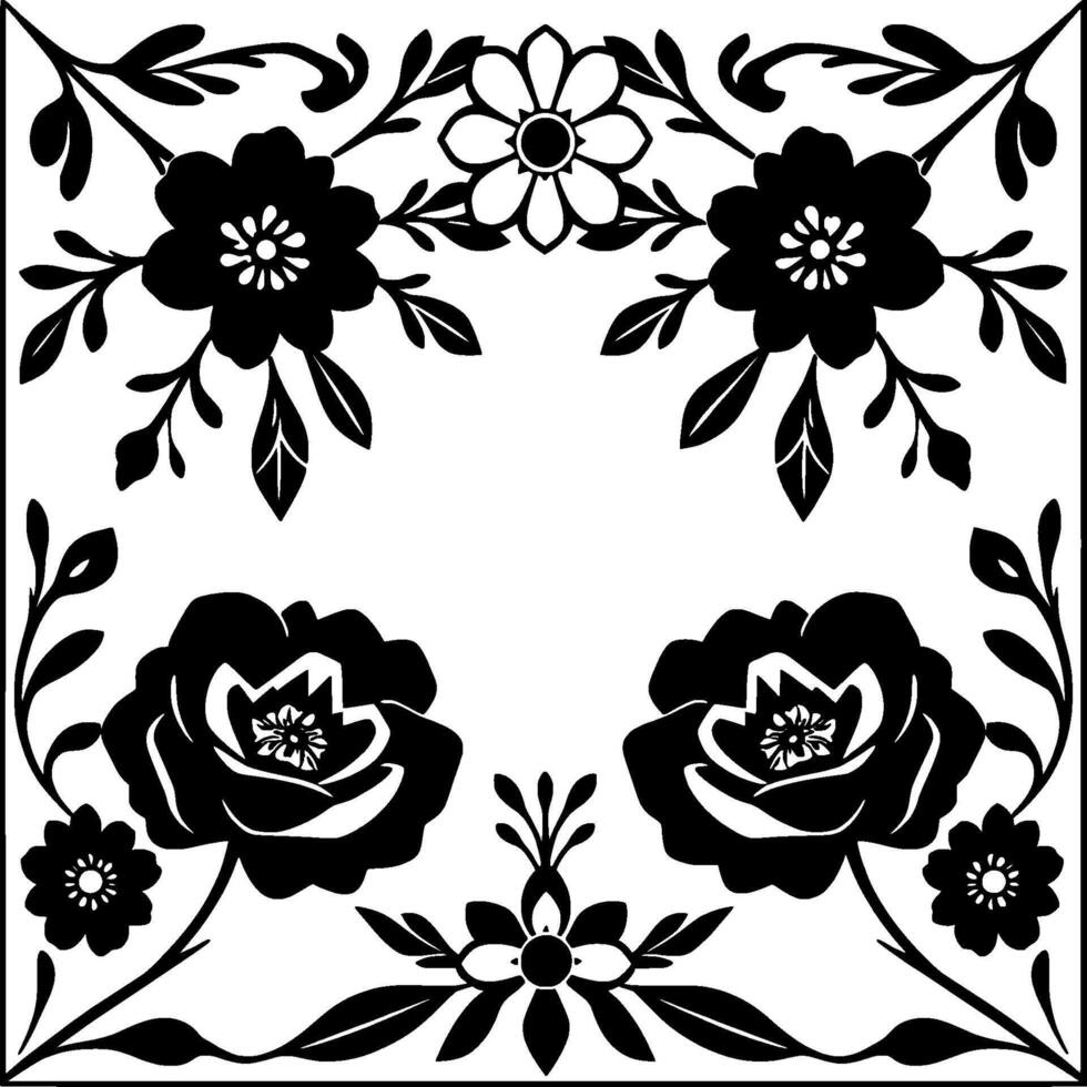 Intricate black floral on white background, symmetrically arranged, showcasing flowers, leaves, and stylized branches forming a decorative border. vector
