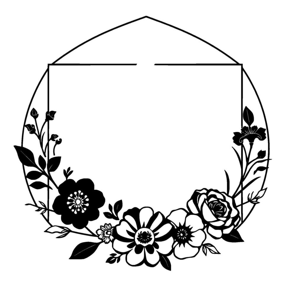 Black and white floral wreath with an open square and rounded frame, elegant and decorative. vector