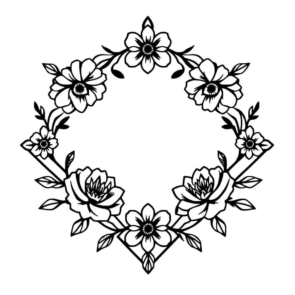 Intricate Geometric Floral Frame Black White Line Art with Detailed Flowers and Leafy Sprigs, Elegant and Decorative . vector