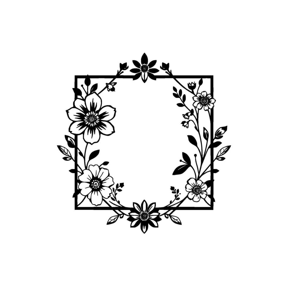 Elegant Black Floral Frame Decorative Square Border Adorned with Blooming Flowers, Leafy Vines, and Delicate Buds on a White Background. vector