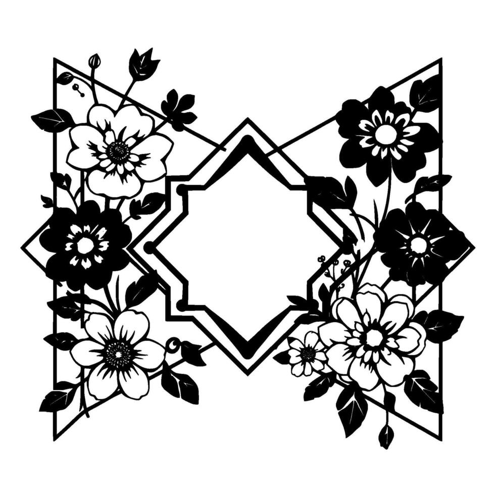 Geometric floral frame in black and white, featuring stylized flowers, leaves, and an ornamental central space. vector
