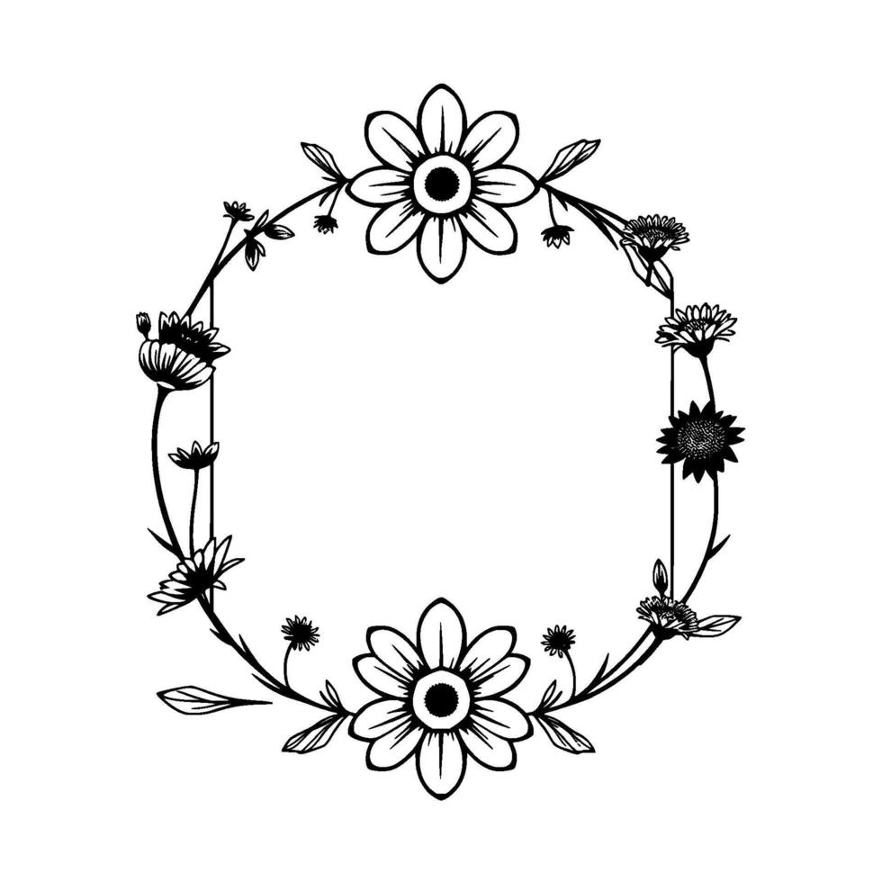 Elegant Floral Frame A Black and White Botanical Border Composed of Varied Flower Illustrations with a Clean, Minimalist Aesthetic. vector