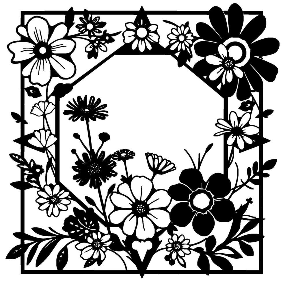 Black and White Floral Frame Botanical Illustration with a central polygon for text or a portrait in a vintage, handcrafted style. vector