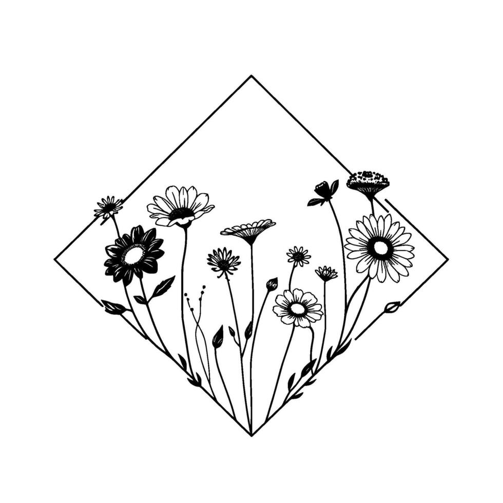 Delicate Floral Illustration Black and White Line Art of Assorted Wildflowers Enclosed Within a Geometric Diamond Frame. vector