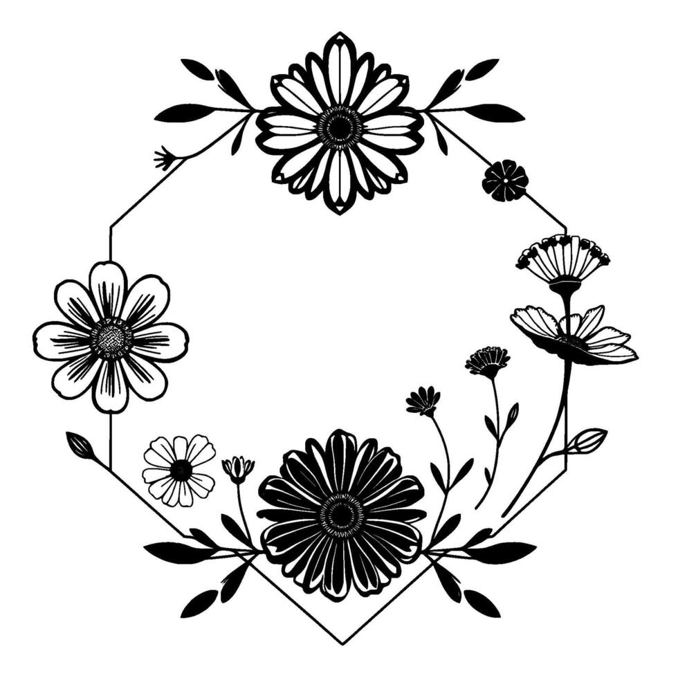 Elegant Monochrome Floral Frame Geometric Border Enclosing Diverse Botanical Elements and Leaves. vector