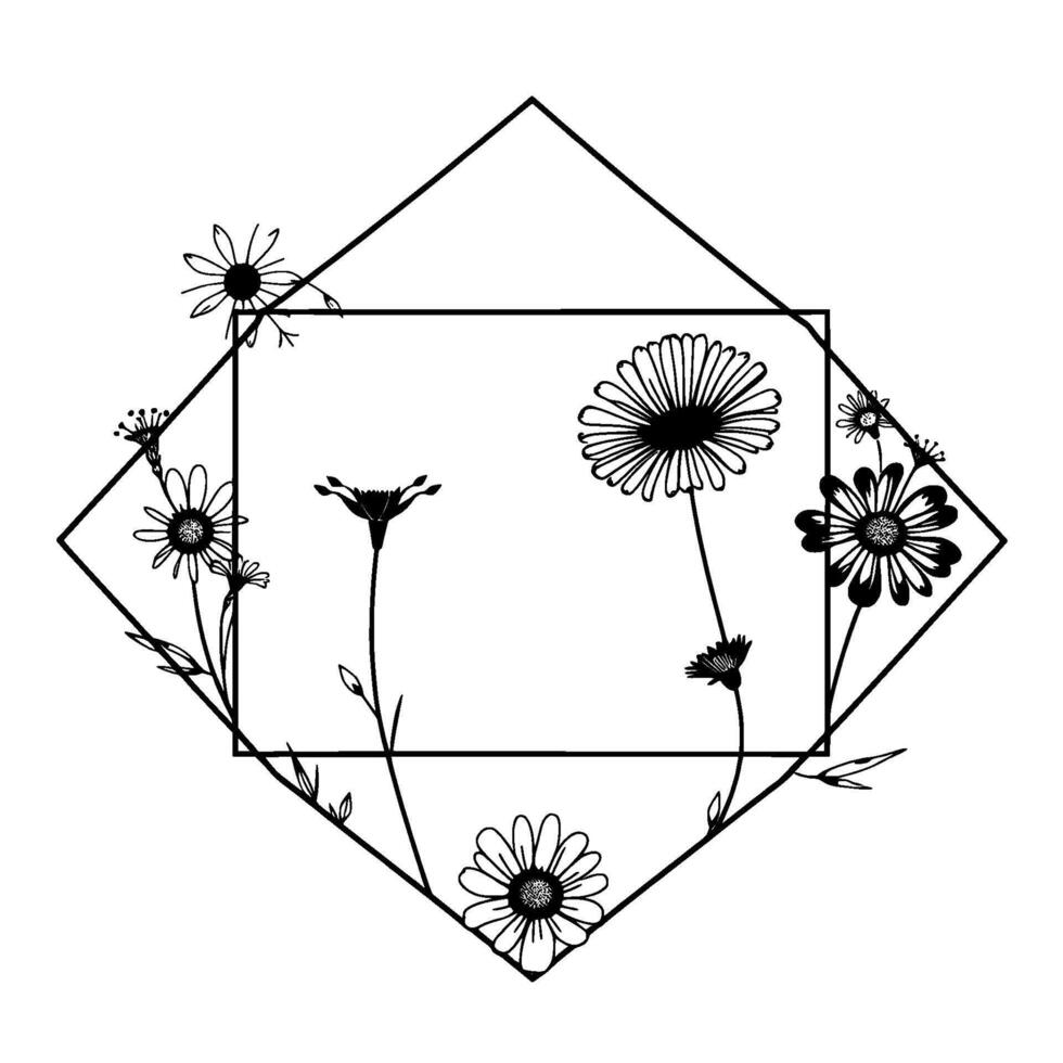 Elegant Black and White Floral Line Art Arrangement Featuring Daisies and Wildflowers within Geometric Diamond and Square Frames. vector