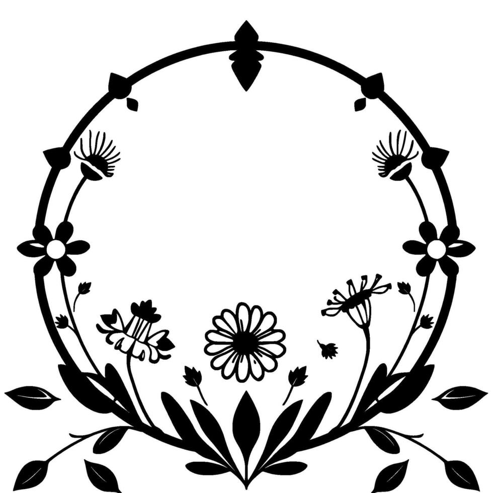 Elegant Black and White Floral Wreath with Detailed Botanical Elements, Delicate Flowers, and Leafy Foliage in a Symmetrical Composition. vector