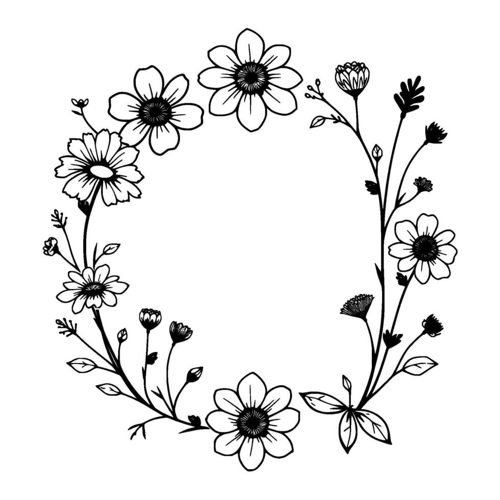 Delicate Black and White Floral Wreath Illustration, Featuring Various Bloom Types and Leafy Accents in a Minimalist, Elegant Style. vector