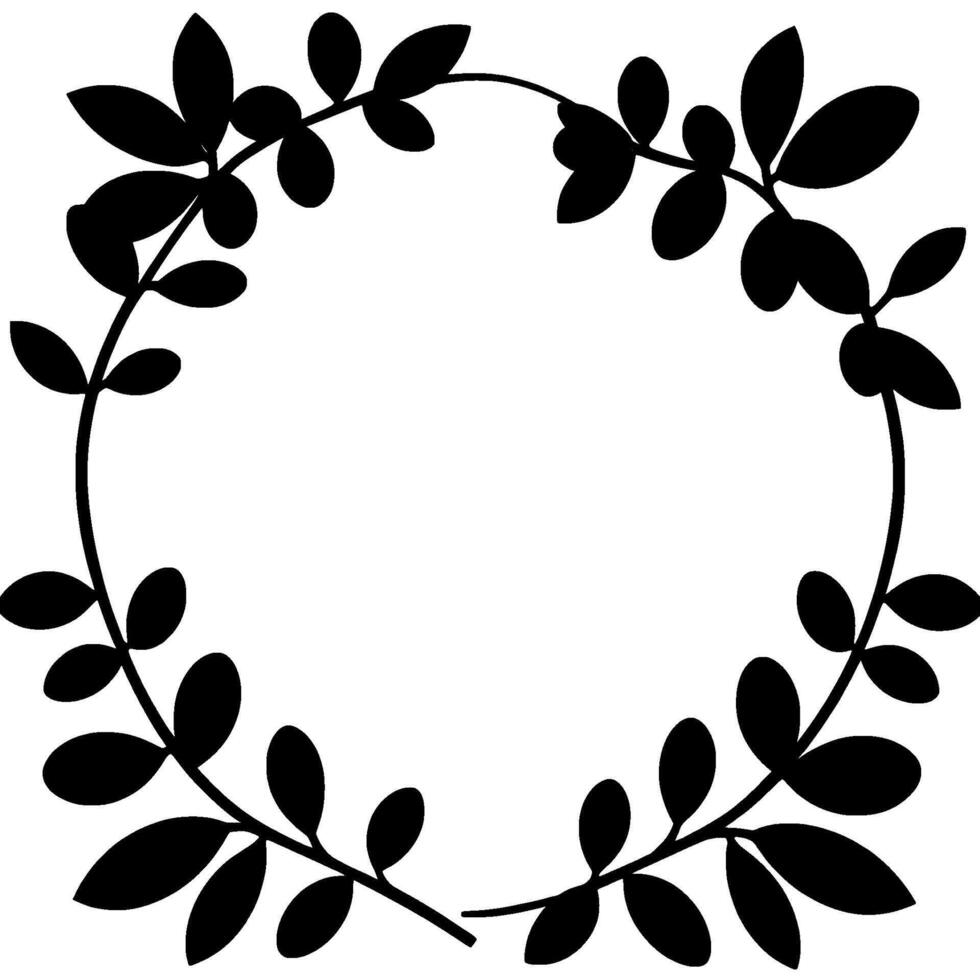 Simple Elegant Black and White Circular Floral Frame with Leaves and Stem for Wedding or Decorative Purpose, Isolated. vector