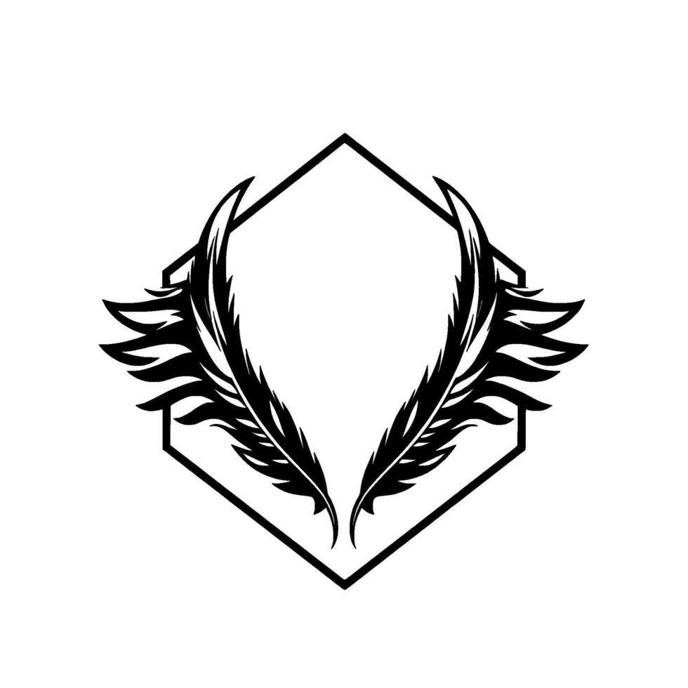 Symmetric Black Feather Wings Inside Hexagon Frame on White Background, Simple vector