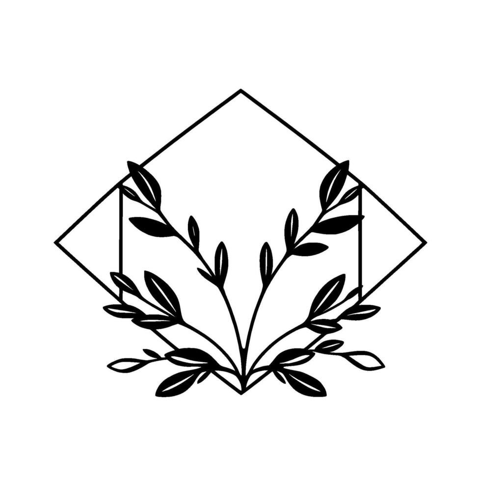 Elegant Black Leafy Branches Embellishing a Geometric Diamond Frame on a Clean White Background, Perfect for Decorative Designs. vector