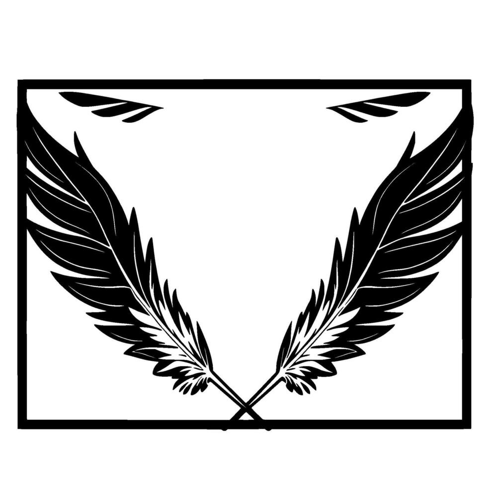 Symmetrical Black Feather , Symbolic Imagery Within a Bold Framed Composition, Illustrative, HighContrast, Monochromatic Art. vector