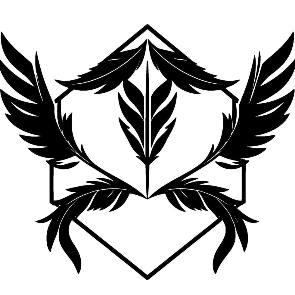 Geometric Black Feather with a Central Leaf Motif, enclosed in a hexagonal frame. vector