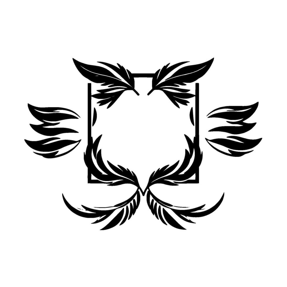 Elegant symmetrical black feather and leaf square frame on a white background, creating a visually balanced, minimalistic, and sophisticated decorative border. vector