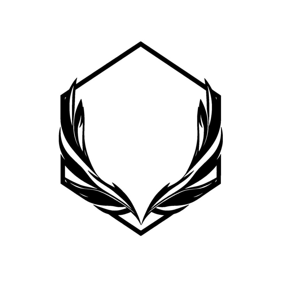 Black stylized feather wings symmetrically arranged within a geometric hexagon frame, minimalistic on white background. vector