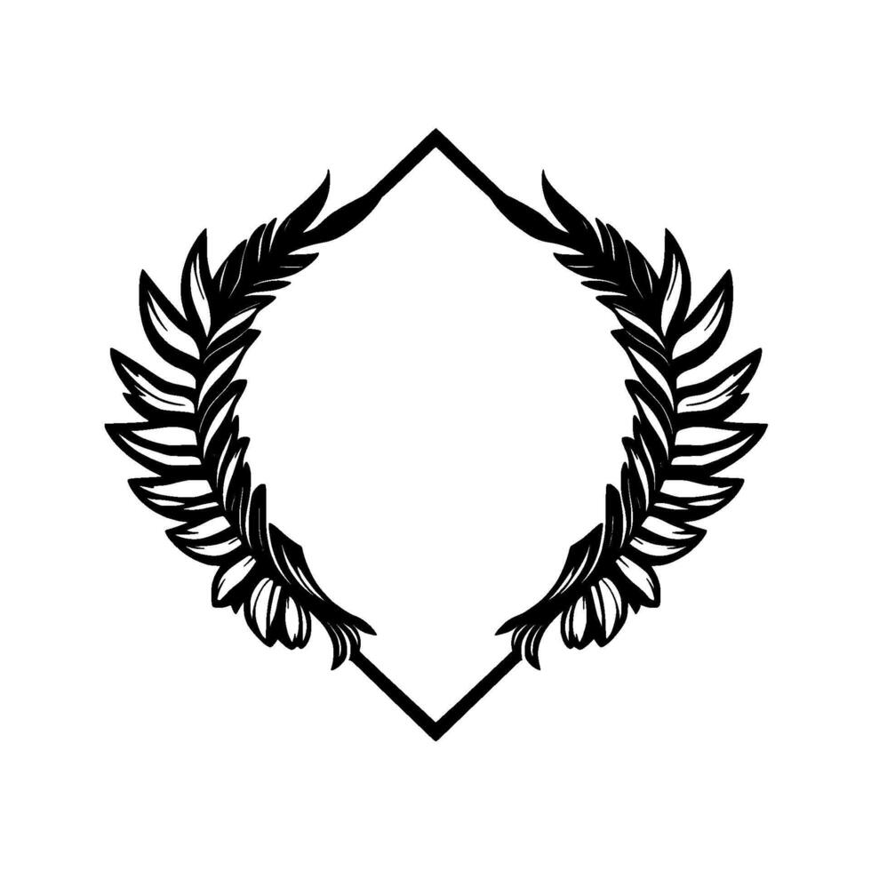 Symmetric Black and White Laurel Wreath within a Rhombus Frame, Minimalist for Awards and Celebrations. vector