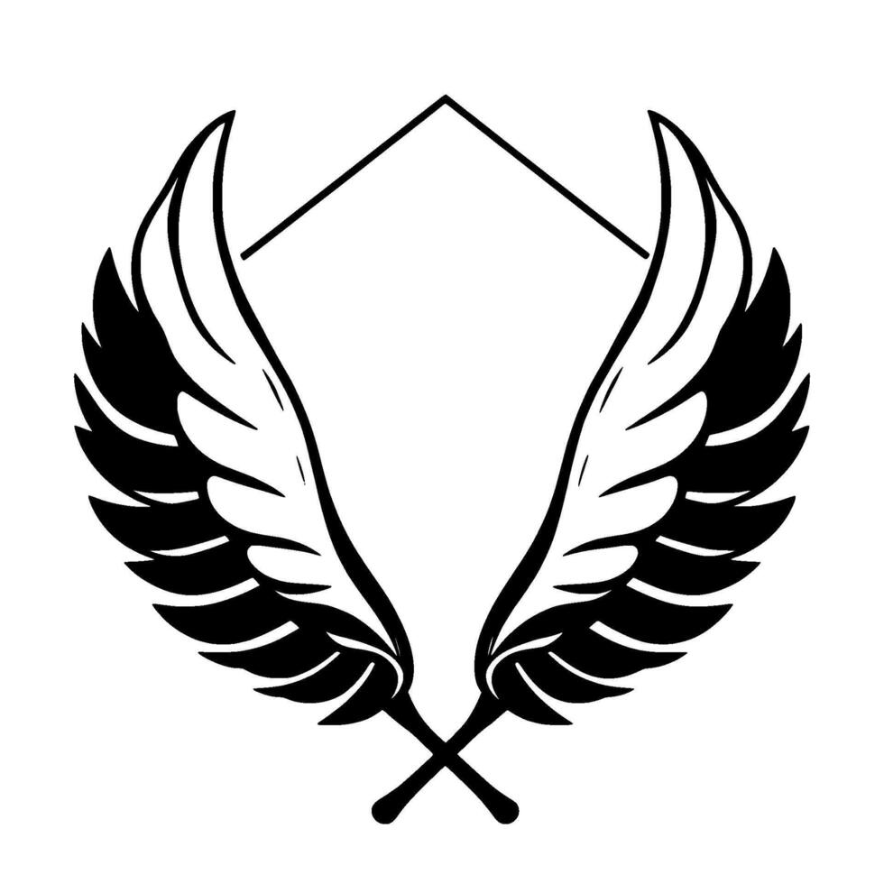 Emblem of stylized black and white wings crossed at the base, framing a geometric shape. vector