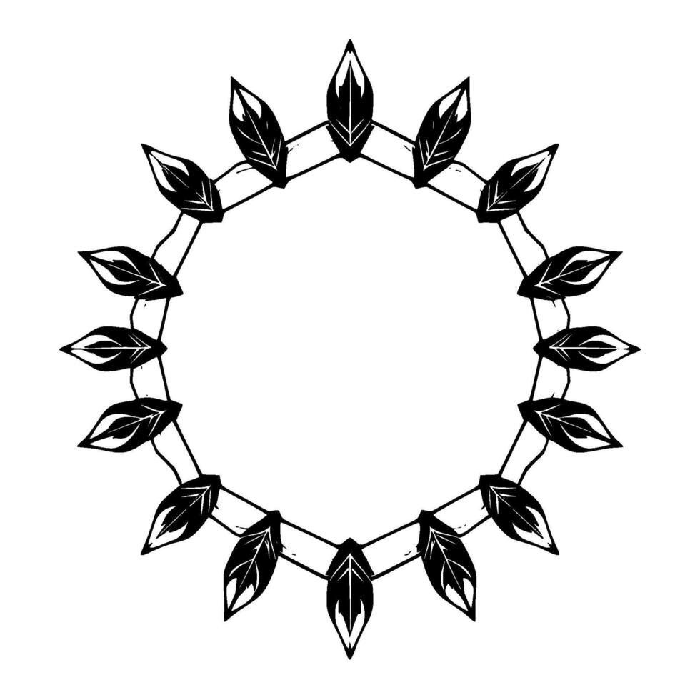 A symmetrical, minimalist illustration of a circular leaf pattern in black and white, forming an ornamental wreathlike on a clean white background. vector