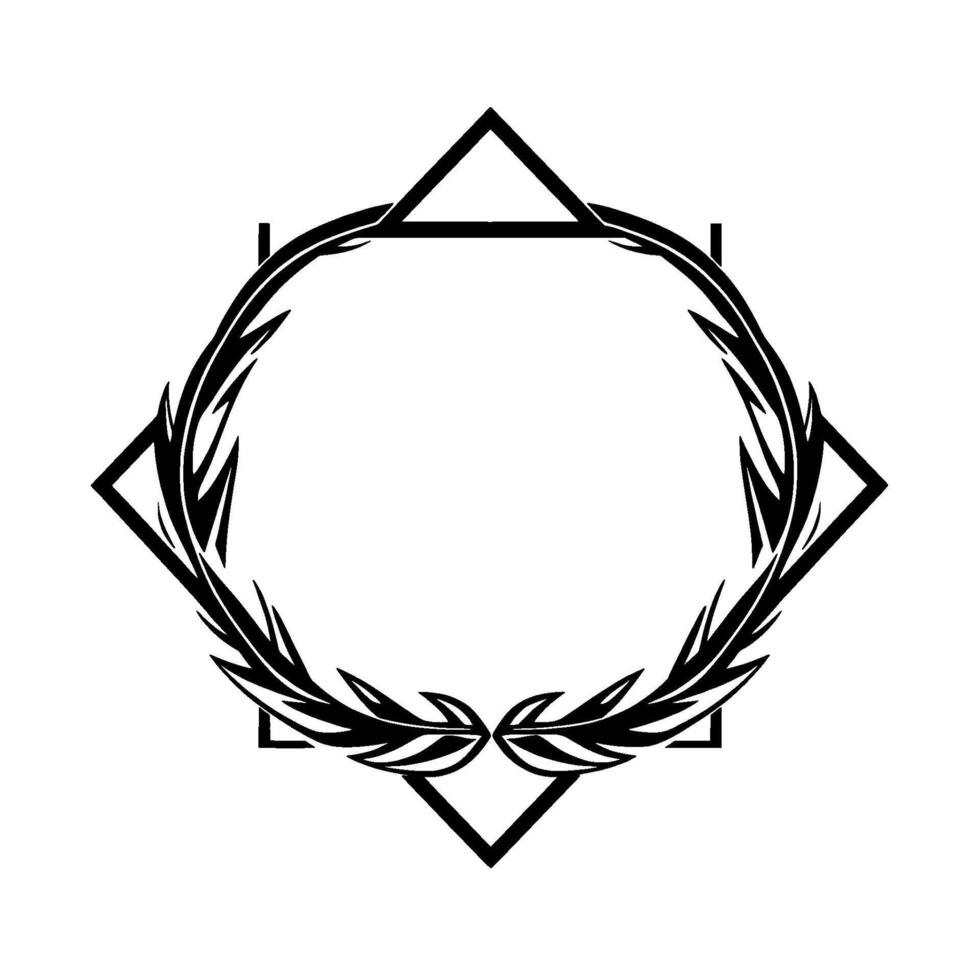 Geometric Black and White with Ornamental Frame, Featuring Leaves and Intersecting Triangles and Squares, Elegant and Minimalist. vector