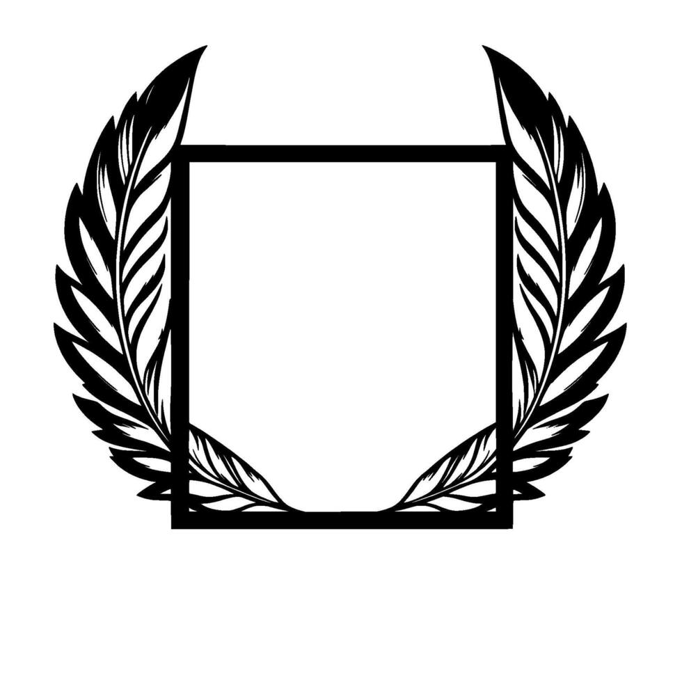 A symmetrical black and white illustration featuring a square frame encircled by featherlike elements arranged in a semicircular fashion, offering a minimalist, elegant . vector