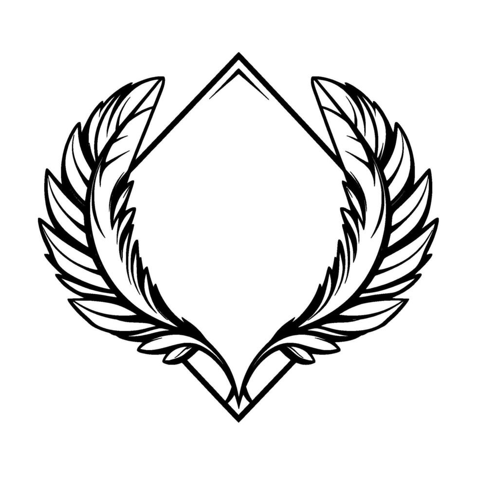 Black and White Illustration of a Rhombus Frame Adorned with Symmetrical Feathered Wreaths, Elegant and Minimalist . vector