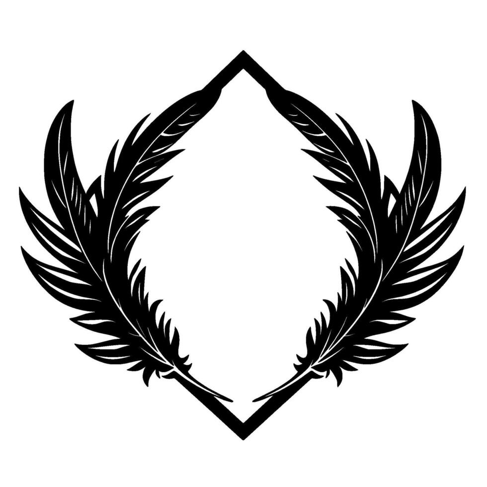 Symmetrical Illustration Black Feather Wreath Frame, Diamond Shape on White Background, Minimalism, Art. vector