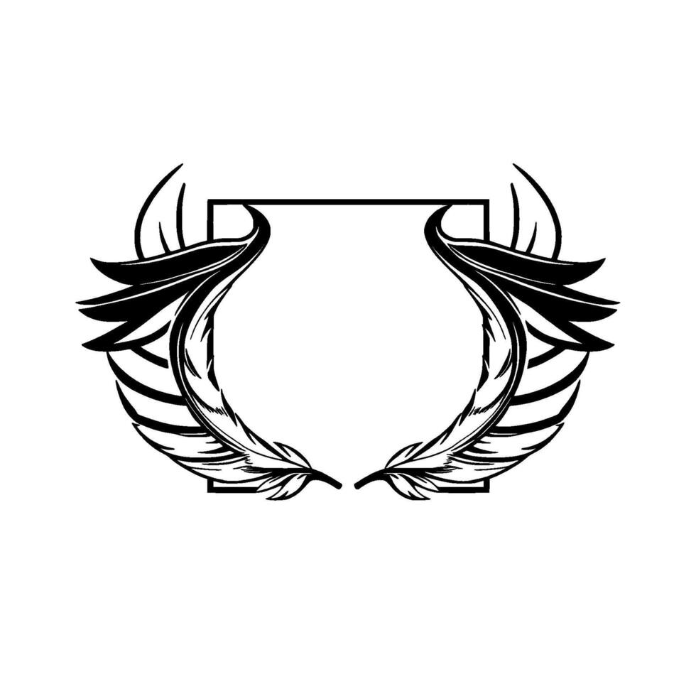 Elegant black and white emblem featuring feather wings encompassing a square frame, creating a symmetrical and decorative . vector