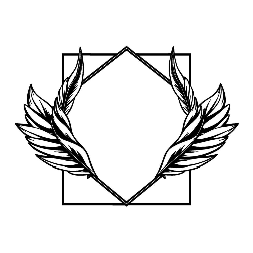 Black and White Line Art Illustration Feathered Wings Framing a DiamondShaped Inner Space, Classic vector