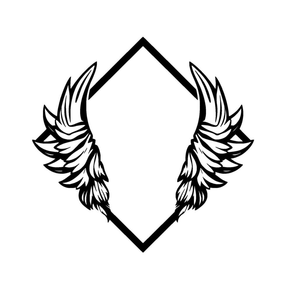 Symmetric Black and White Feathered Wings Embracing a Diamond Frame, Minimalist Emblem for Logos and Creative Projects. vector