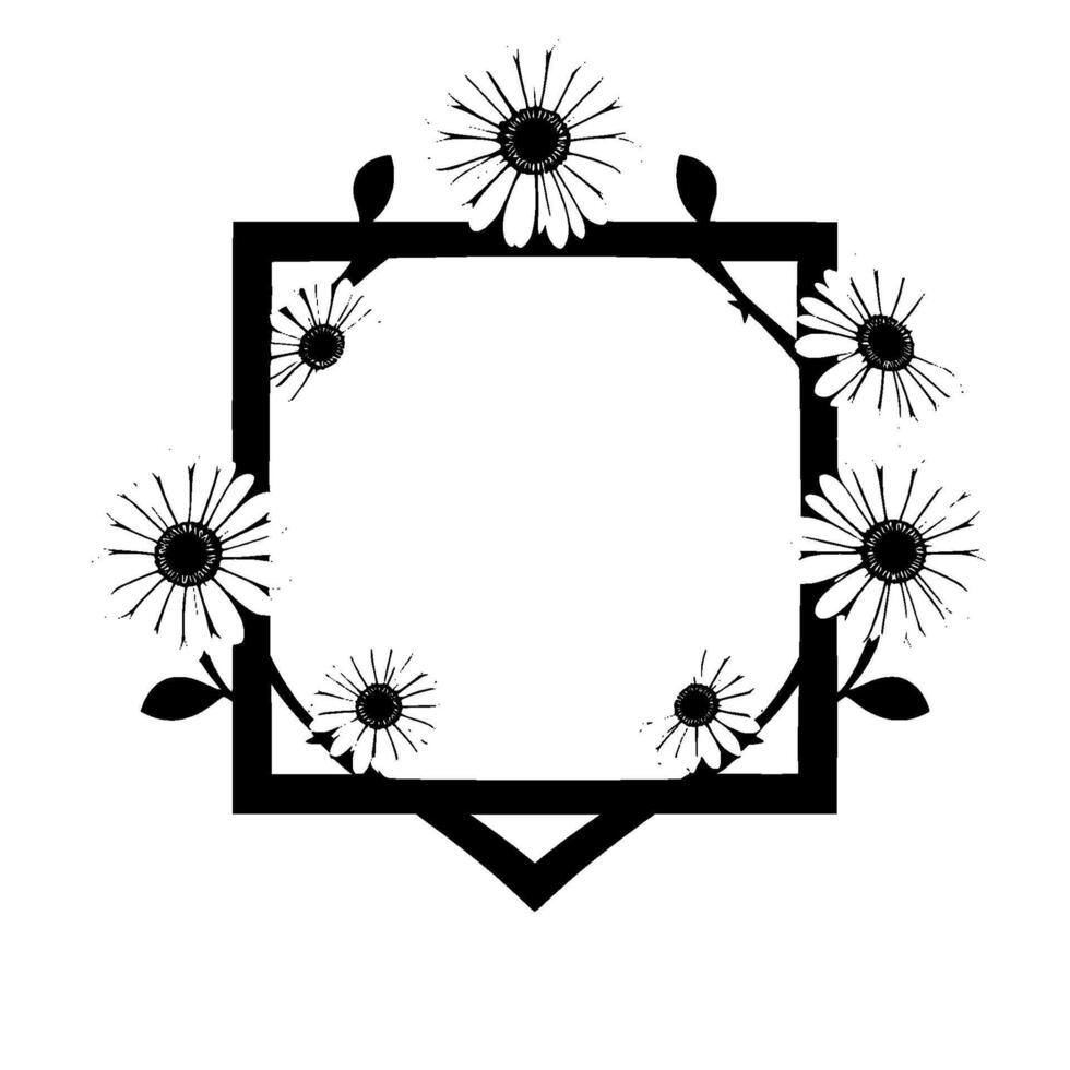 Elegant Black and White Floral Frame A Modern with Daisies, Leaves, and Geometric Structure, Perfect for Invitations and Decor. vector