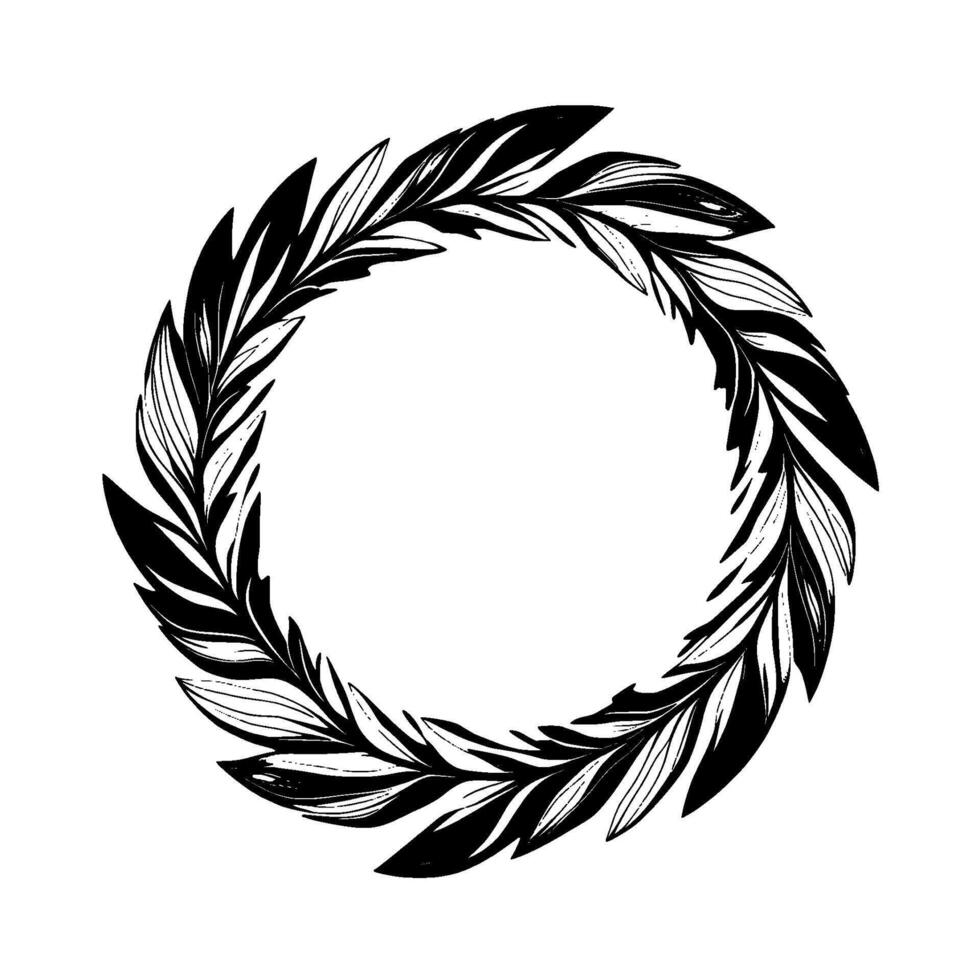 A Black and White Circular Wreath of Leafy Branches with Detailed Veins, Isolated on White. vector
