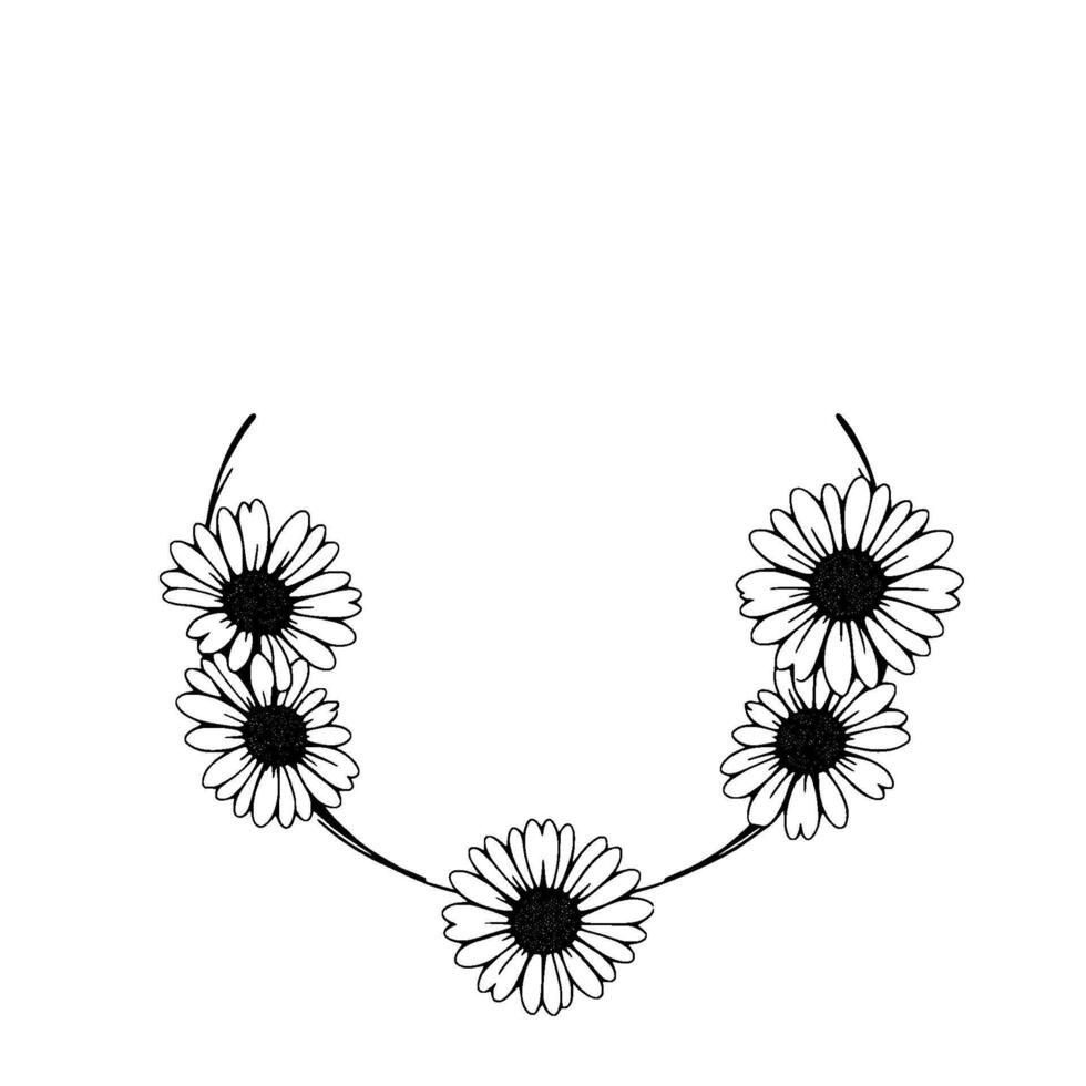 Minimalist Line Art A semicircular arrangement of six daisies with black and white details on a pure white background, creating a simple, elegant floral . vector